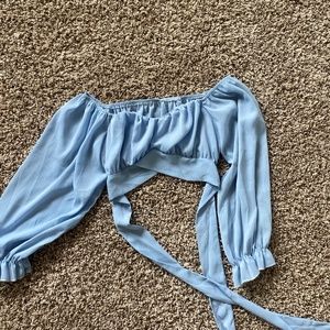 Blue ruffle long sleeve cropped blouse